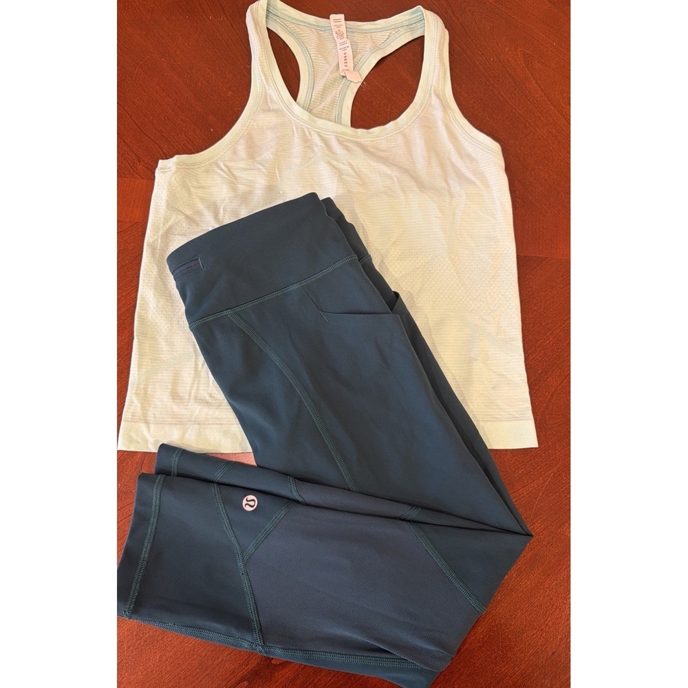 Lululemon Lot Of 2 Green Cropped Leggings &  Green Tank Top Size 6